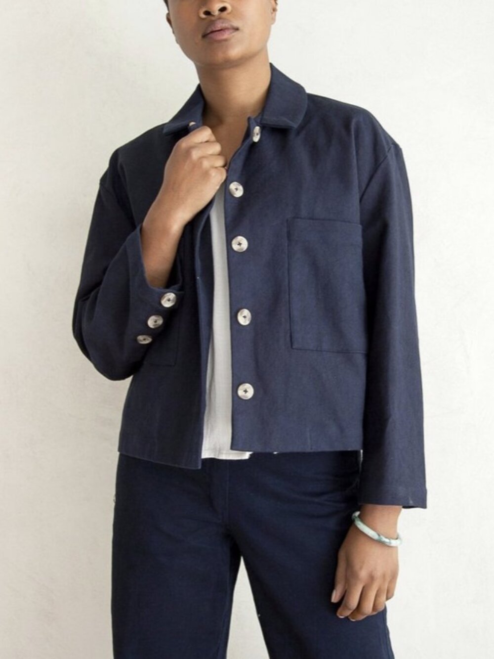 Ali Golden Cropped Jacket Navy Blue Button Up Cotton Pocket Size Medium / Large